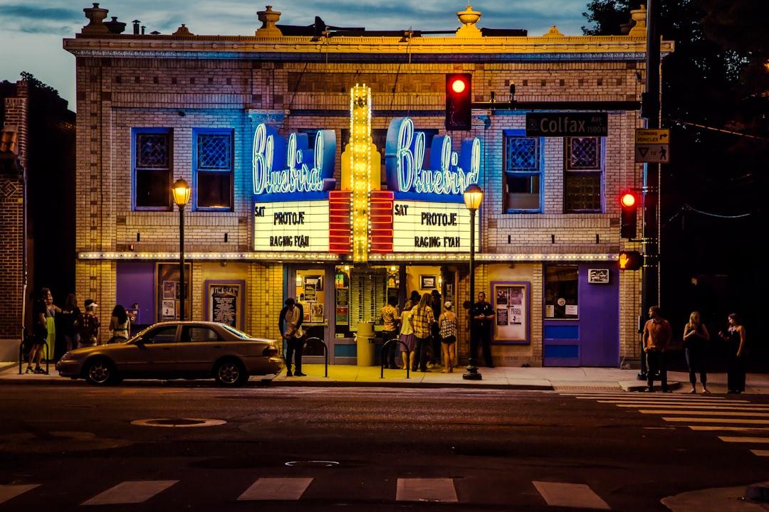 Night photo of the front of the Bluebird theatre in Denver Colorado