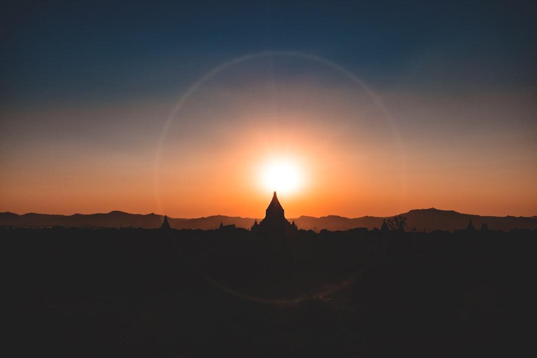Sunset over a temple in Bagan, Myanmar.