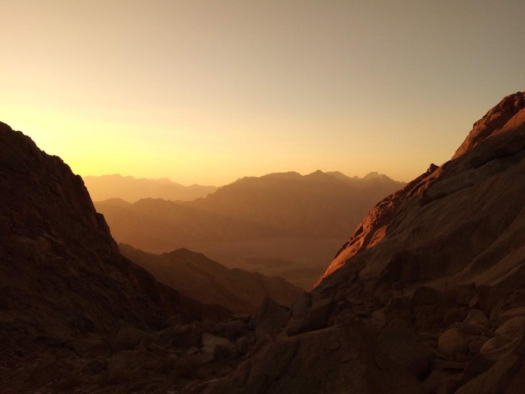The mountains of Jebel Gattar at sunset seen from Jebel Shayib range in the Red Sea mountains in the Eastern desert of Egypt