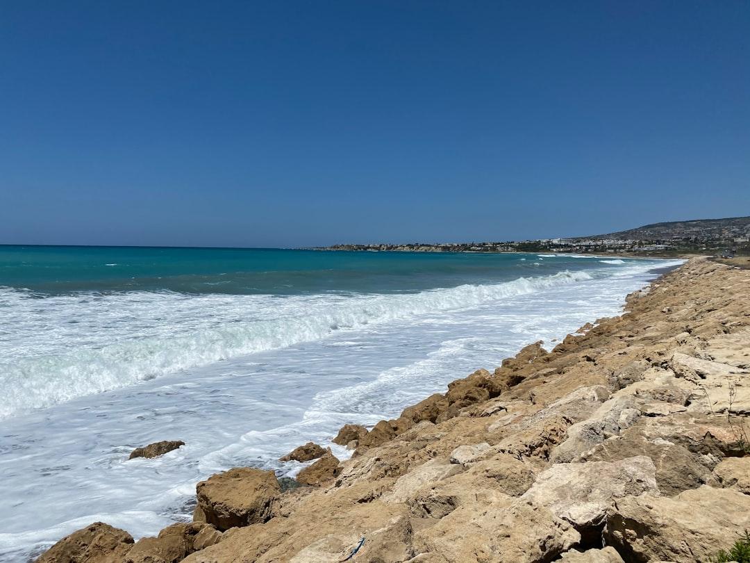 Rocky beach shoreline in Phapos, Cyprus.