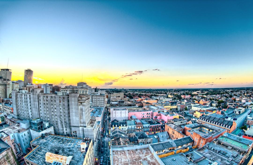 Shot from the top of the Hotel Monteleone at Sunset in New Orleans. This is looking towards Bourbon Street in the French Quarters. 