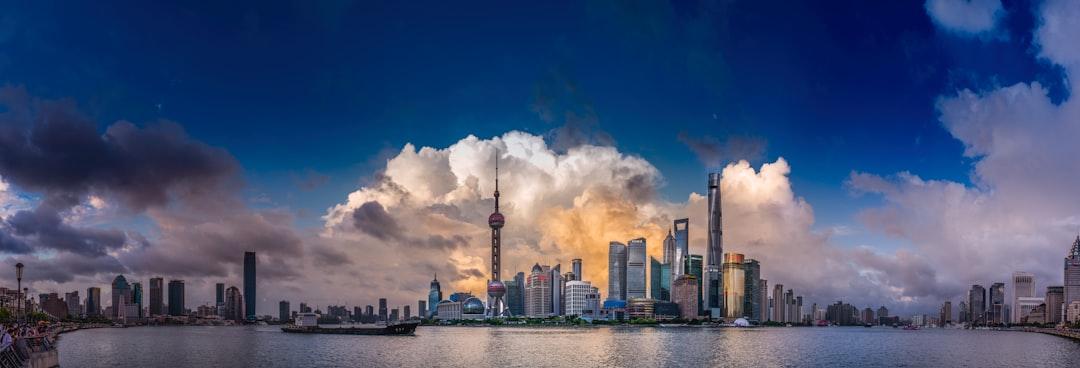 This photo is looking east from the Bund on the west bank of Yangpu River in Shanghai.